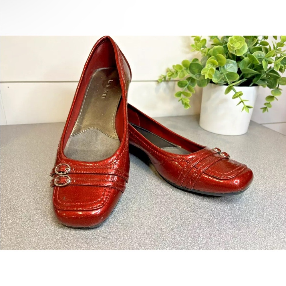 KATE ANN Womens 7M Flats RED Shiny Slip On Shoes Buckle
